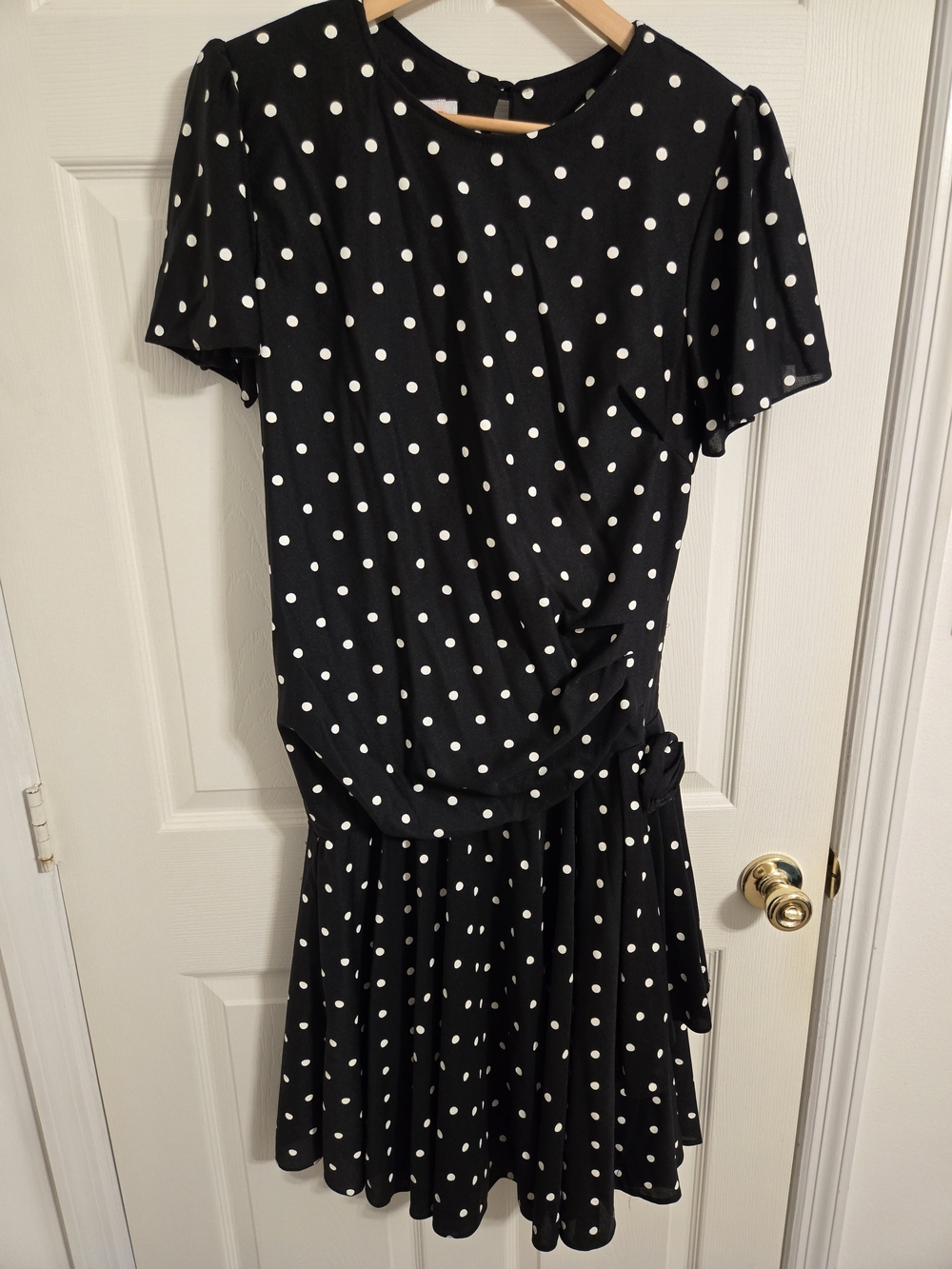 Vintage Black Polka Dot Midi Dress with Tie Detail Drop Waist Size 16 Made In US